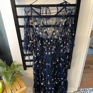 Occasion Embellished Mesh Dress – Navy Floral Sequin – Sheer Overlay – Midi